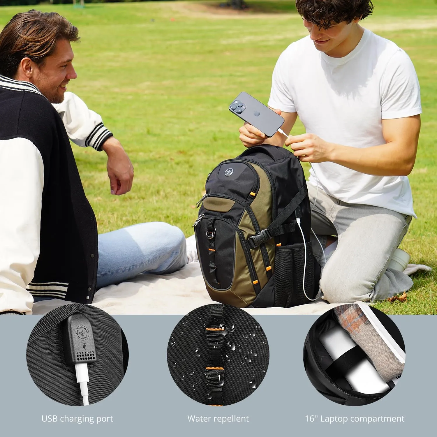 Swissdigital Design Business Laptop Backpack with Smart USB Charging Port, Travel Backpack Fits 15.6 inches Laptops, Water Repellent College Backpack for Men Women, Tan/Black | SD803