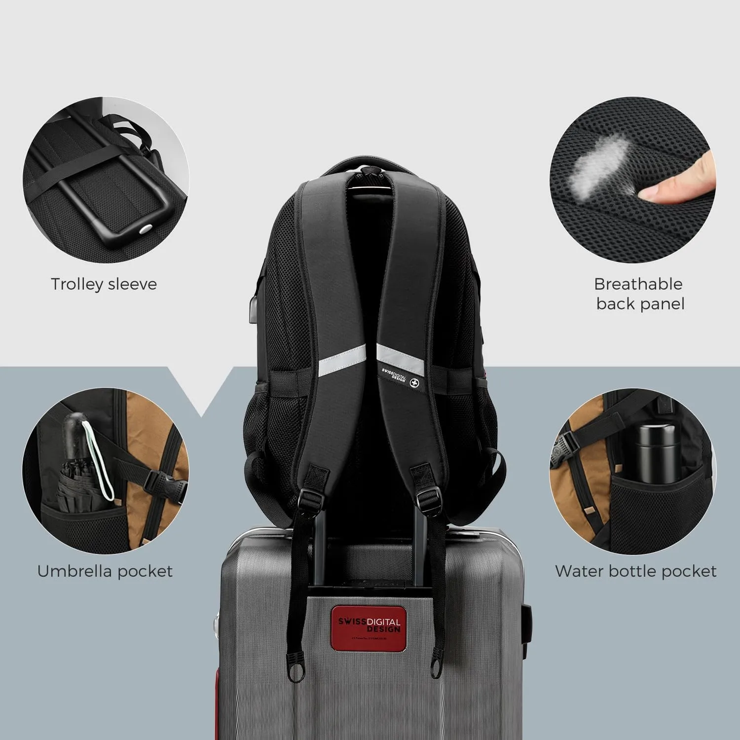 Swissdigital Design Business Laptop Backpack with Smart USB Charging Port, Travel Backpack Fits 15.6 inches Laptops, Water Repellent College Backpack for Men Women, Tan/Black | SD803