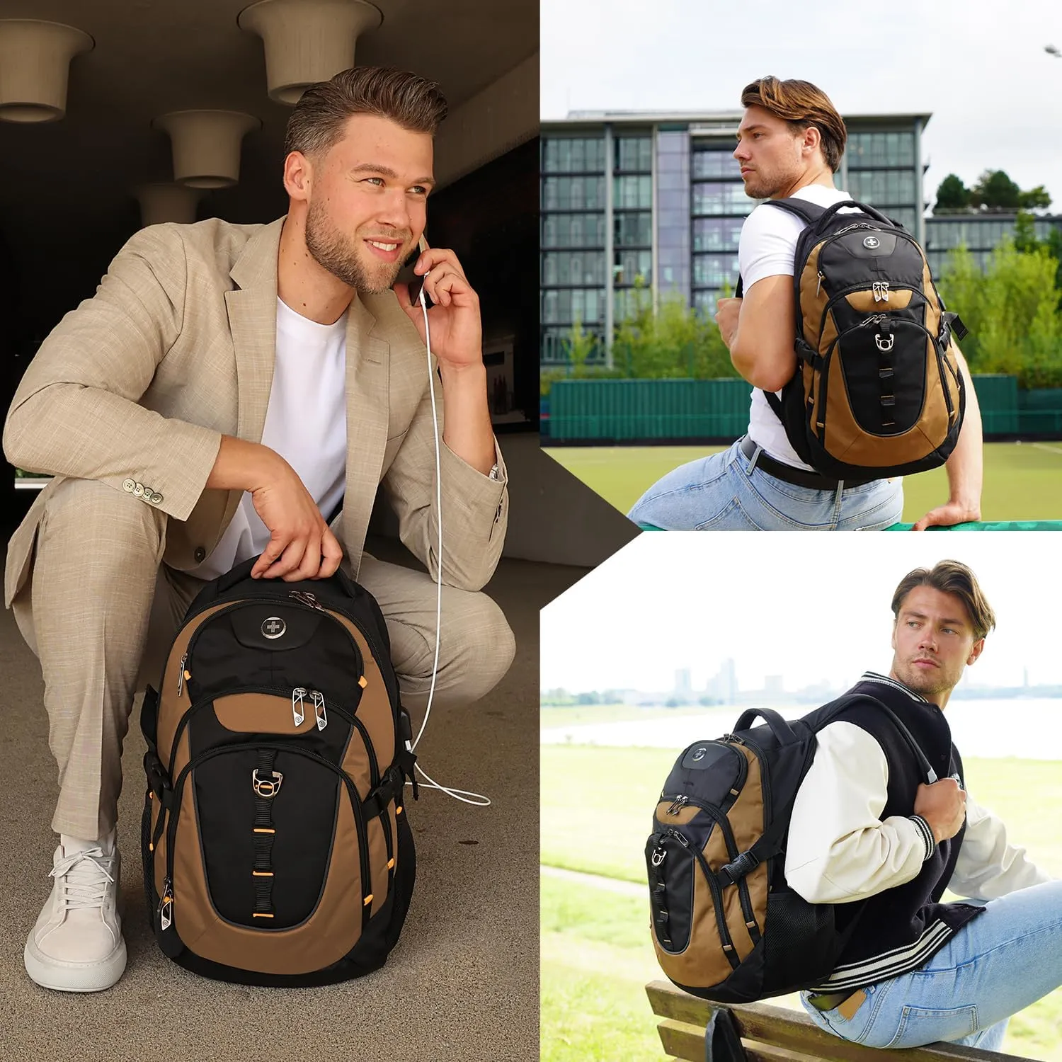 Swissdigital Design Business Laptop Backpack with Smart USB Charging Port, Travel Backpack Fits 15.6 inches Laptops, Water Repellent College Backpack for Men Women, Tan/Black | SD803