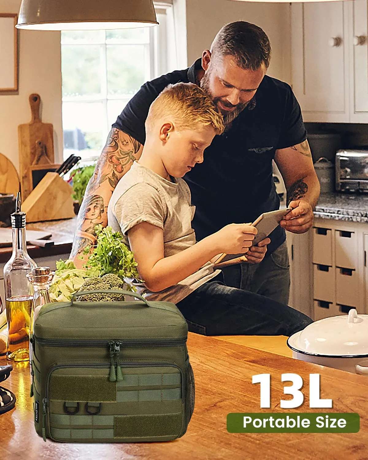 Tactical Lunch Box, RalChyez 13L Large Insulated Lunch Bag MOLLE Webbing Leakproof Thermal Cooler with Shoulder Strap Lunch Pail for Adult Men Women Office Work Camping Picnic Travel Green