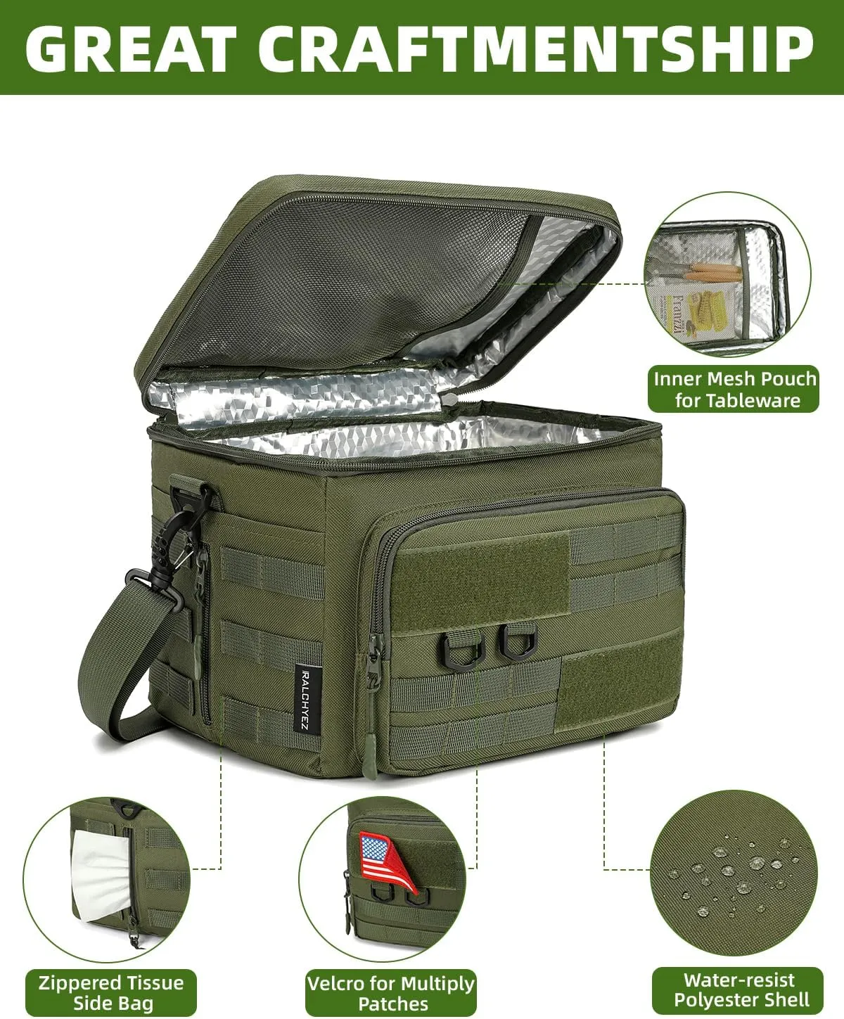 Tactical Lunch Box, RalChyez 13L Large Insulated Lunch Bag MOLLE Webbing Leakproof Thermal Cooler with Shoulder Strap Lunch Pail for Adult Men Women Office Work Camping Picnic Travel Green