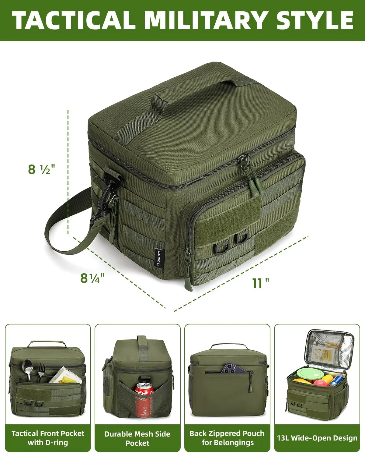 Tactical Lunch Box, RalChyez 13L Large Insulated Lunch Bag MOLLE Webbing Leakproof Thermal Cooler with Shoulder Strap Lunch Pail for Adult Men Women Office Work Camping Picnic Travel Green