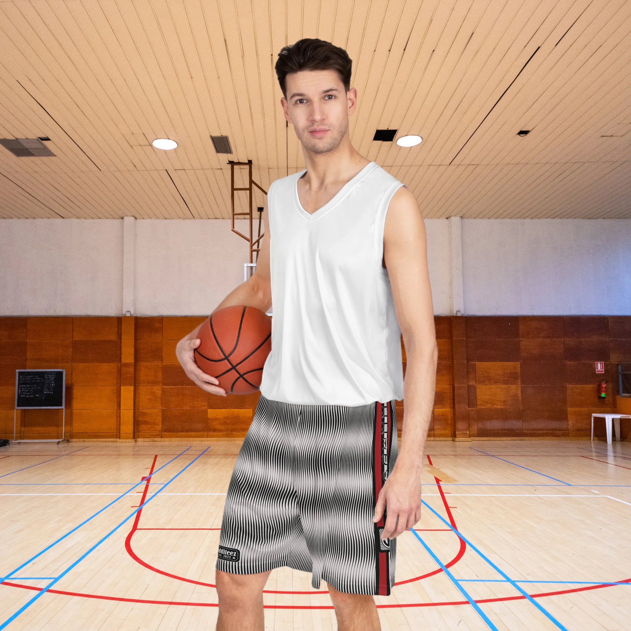 “Team Weirdos” Ghost White & Black Swirly Pattern Men's Jersey Basketball Gym Shorts