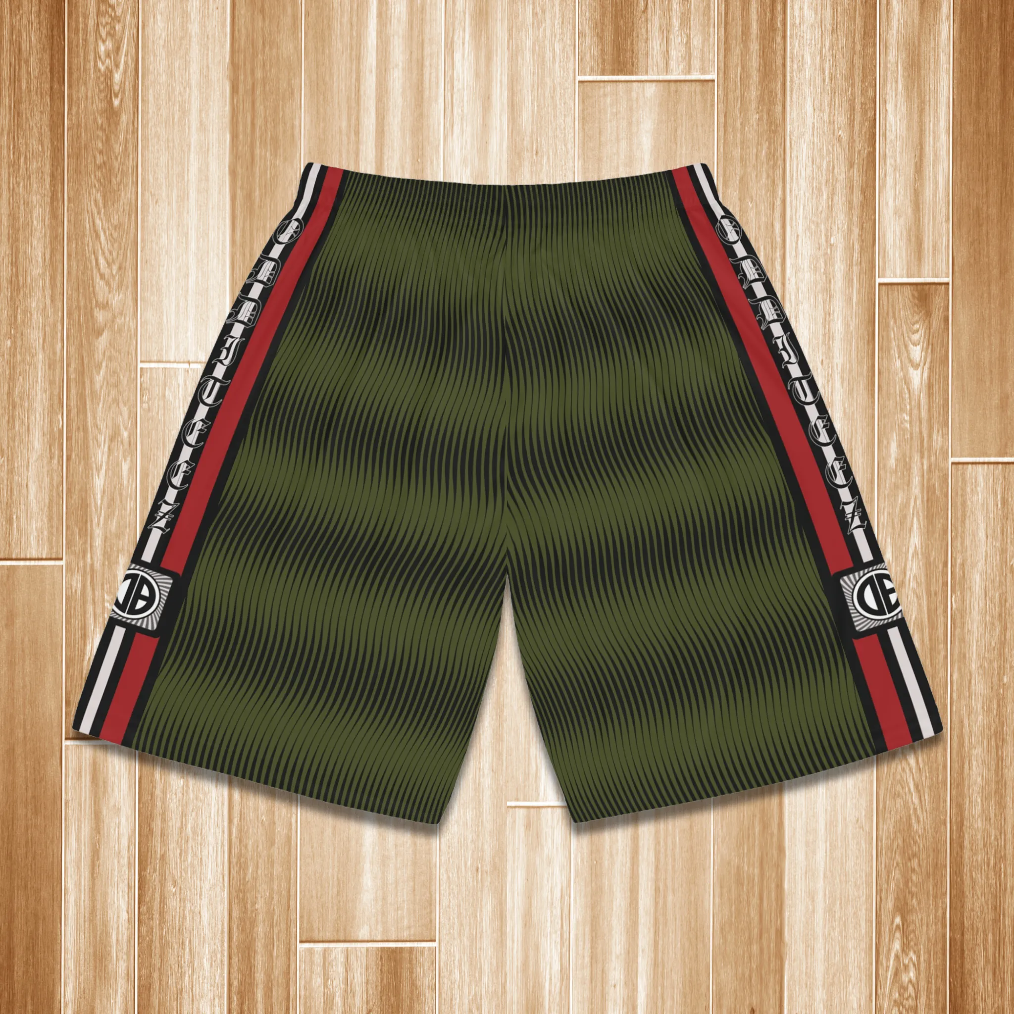 “Team Weirdos” Military Green & Black Swirly Pattern Men's Jersey Basketball Gym Shorts