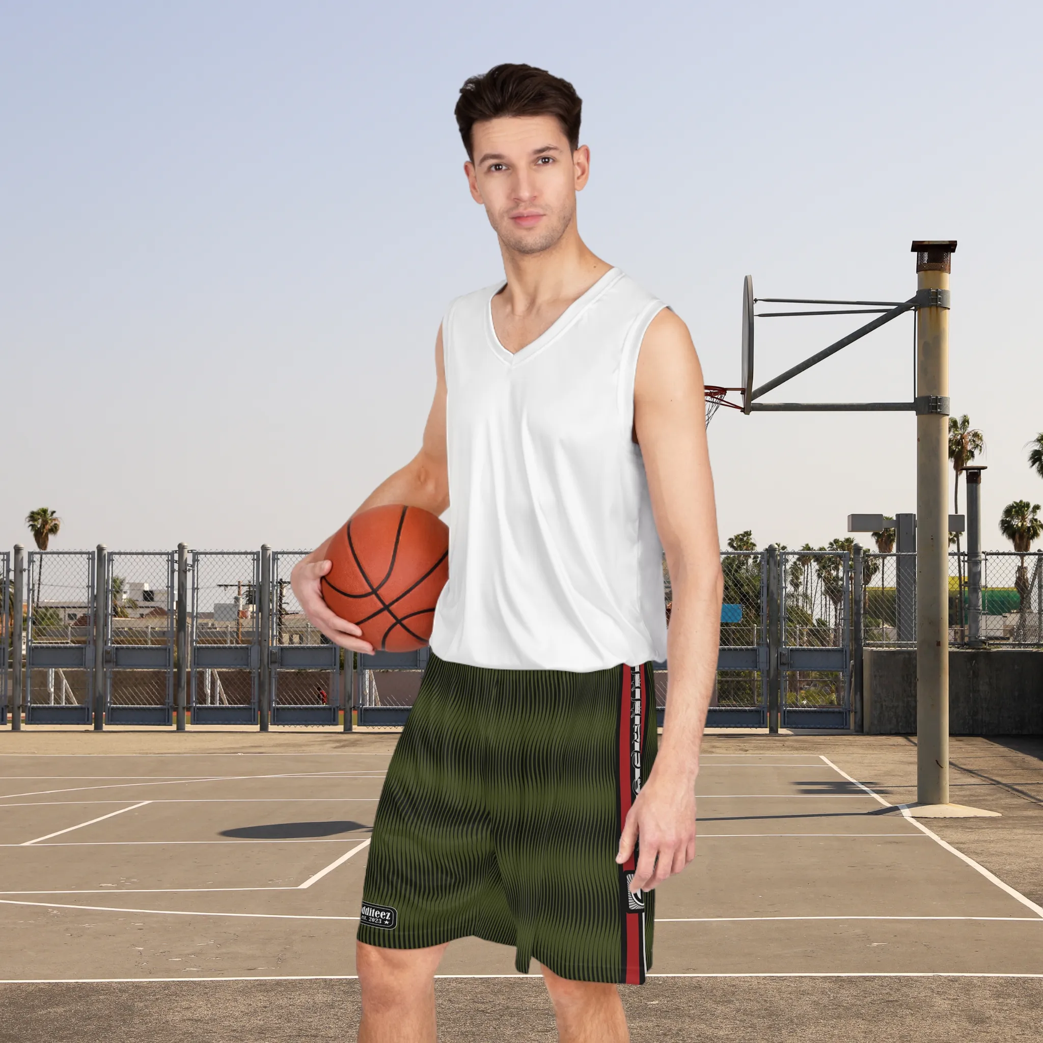 “Team Weirdos” Military Green & Black Swirly Pattern Men's Jersey Basketball Gym Shorts
