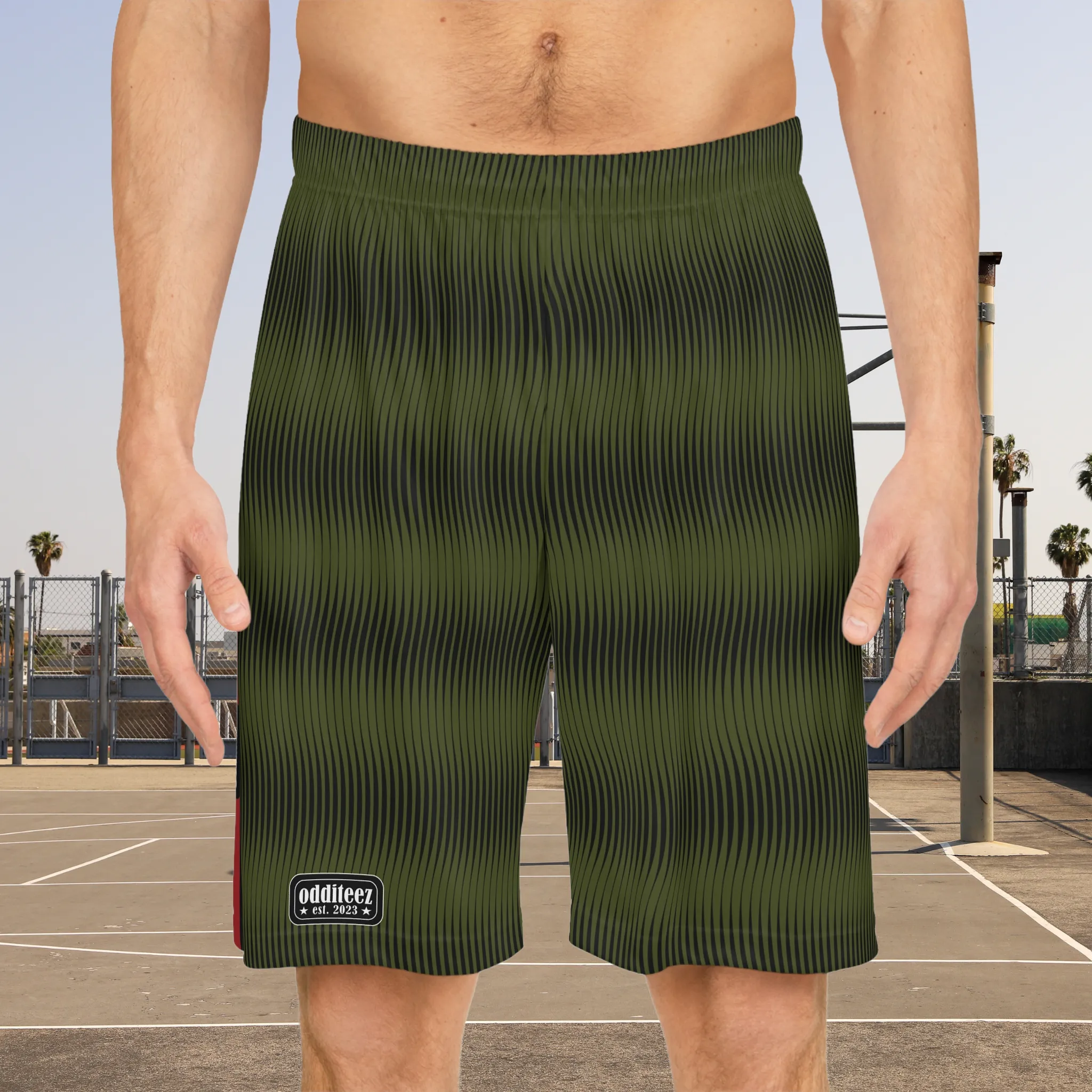 “Team Weirdos” Military Green & Black Swirly Pattern Men's Jersey Basketball Gym Shorts