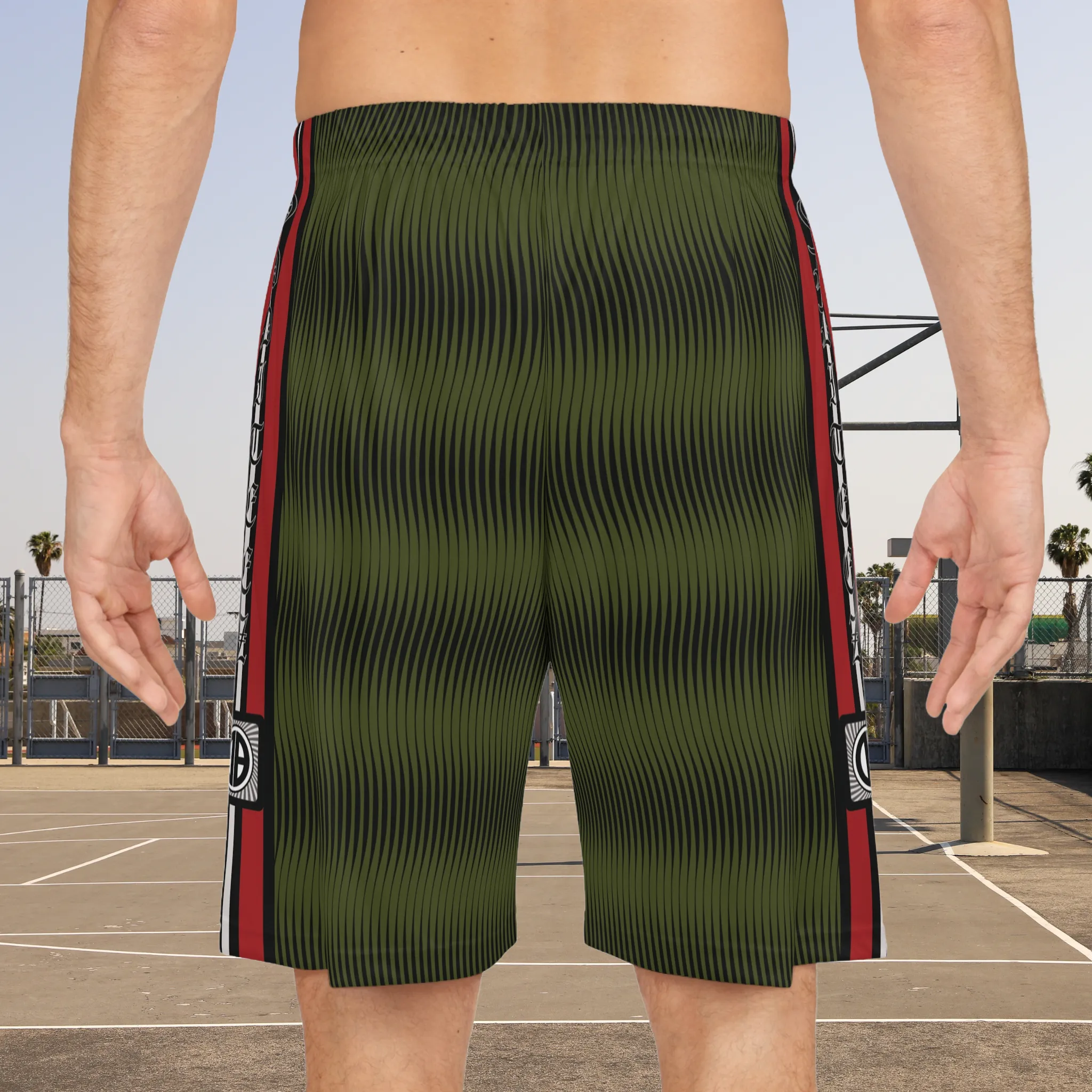 “Team Weirdos” Military Green & Black Swirly Pattern Men's Jersey Basketball Gym Shorts
