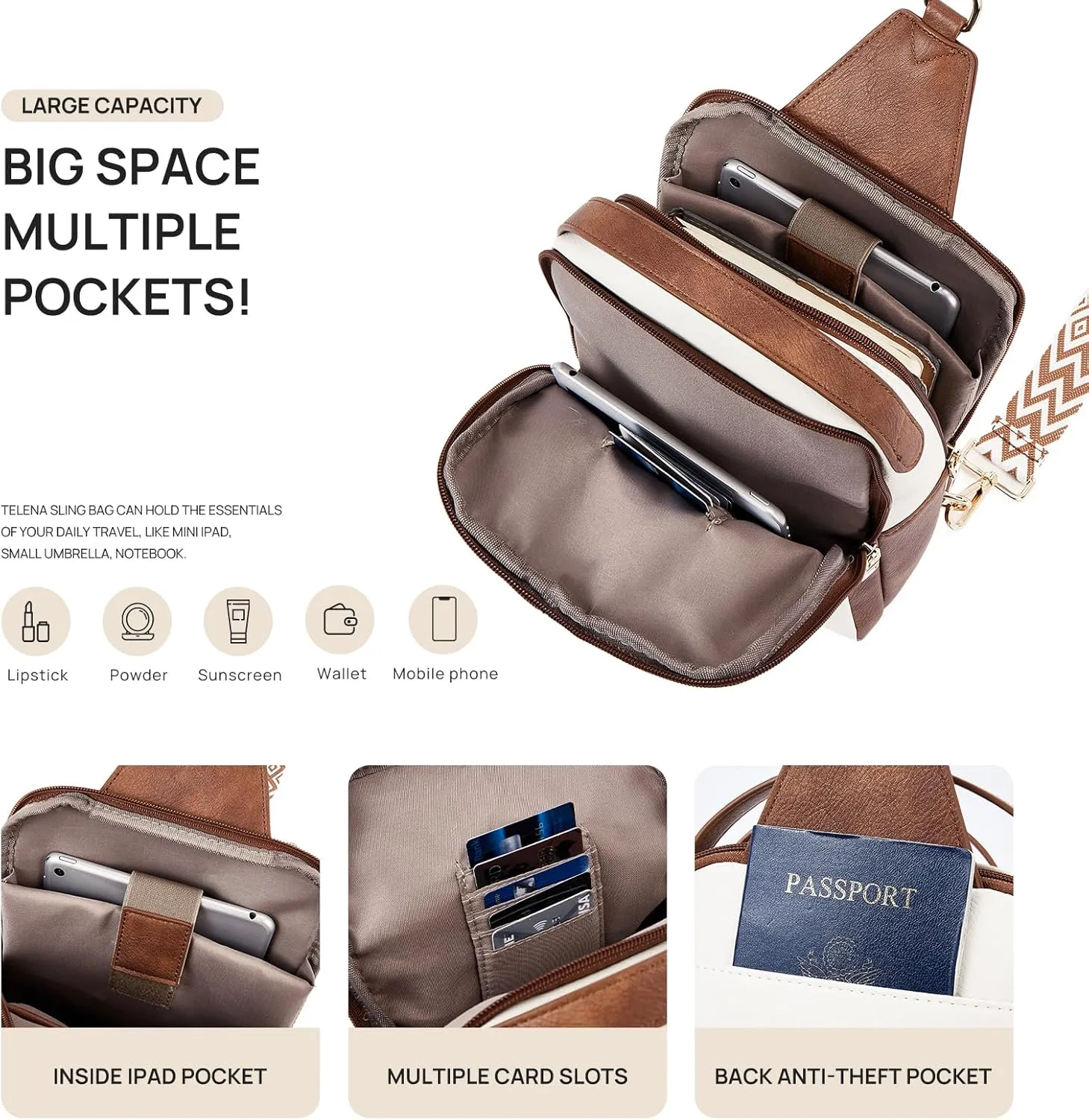 Telena Crossbody Sling Bags for Women, PU Leather Fanny Packs Cross Body Bag for Woman