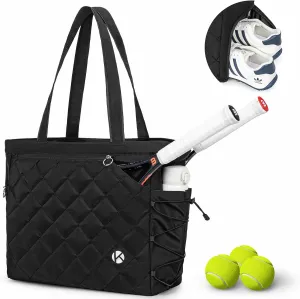 Tennis Tote Bag with Shoe Compartment - Extra-Large Quilted Pickleball Bag Holds 2-4 Rackets, Water-Resistant & Lightweight for Men & Women