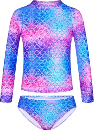 TENVDA Girls Swimsuit Long Sleeve Rash Guard Sets UPF 50  Two Piece Bathing Suits Size 3-12 Years