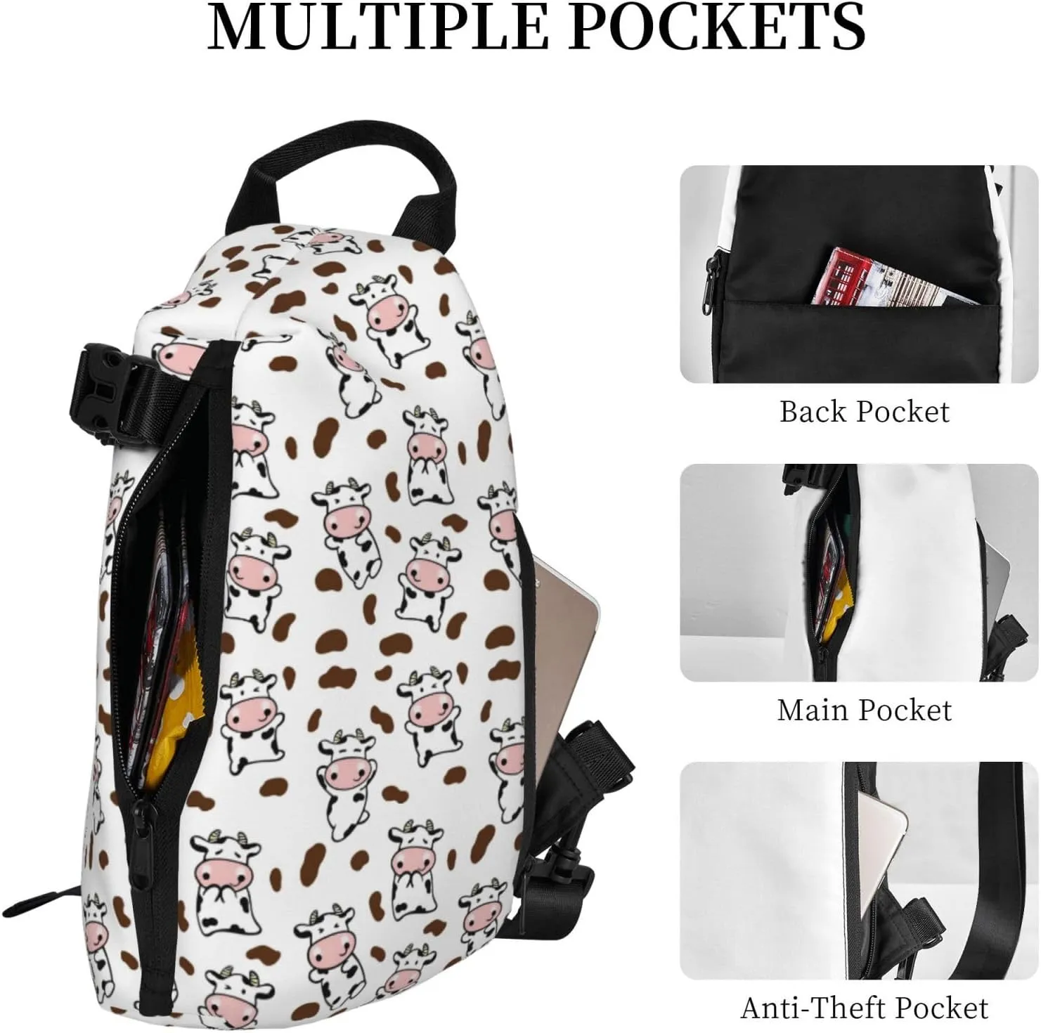 ThAyLa Cow Print Sling Bag For Women Casual Crossbody Backpack Shoulder Bag Chest Bag Daypack For Hiking Sports