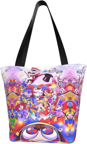 The Amazing Funny Digital Comedy Circus Reusable Grocery Bag for Kitchen Tote Bags for Women Shoulder Bag with Zipper Casual Daily Bag Large Capacity Shopping Handbag Storage Bags for Fitness