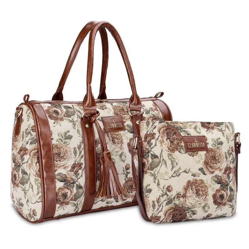 THE CLOWNFISH Combo of Linda Series Sling for Women Crossbody Bag for College Girls Lorna Tapestry Fabric & Faux Leather Handbag Sling Bag for Women (Beige)