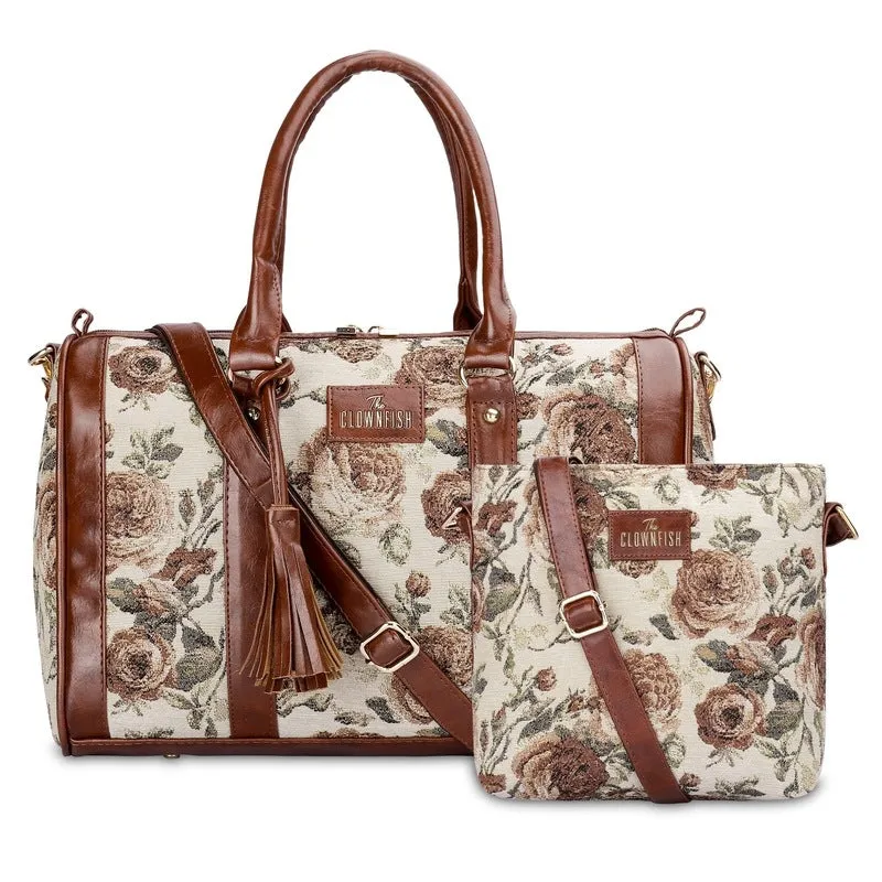 THE CLOWNFISH Combo of Linda Series Sling for Women Crossbody Bag for College Girls Lorna Tapestry Fabric & Faux Leather Handbag Sling Bag for Women (Beige)