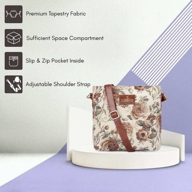 THE CLOWNFISH Combo of Linda Series Sling for Women Crossbody Bag for College Girls Lorna Tapestry Fabric & Faux Leather Handbag Sling Bag for Women (Beige)