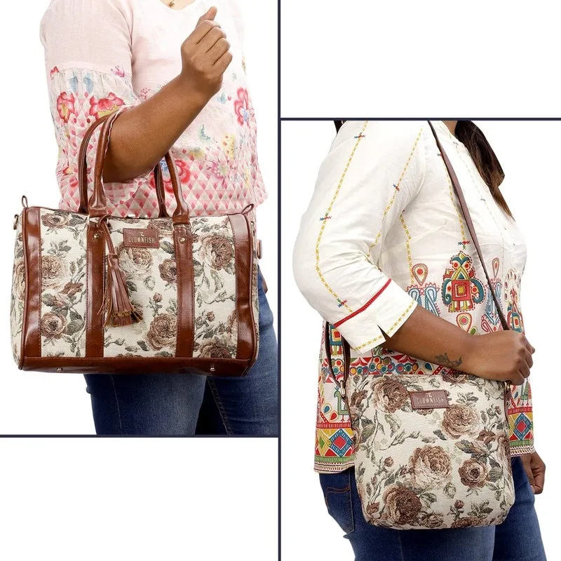 THE CLOWNFISH Combo of Linda Series Sling for Women Crossbody Bag for College Girls Lorna Tapestry Fabric & Faux Leather Handbag Sling Bag for Women (Beige)