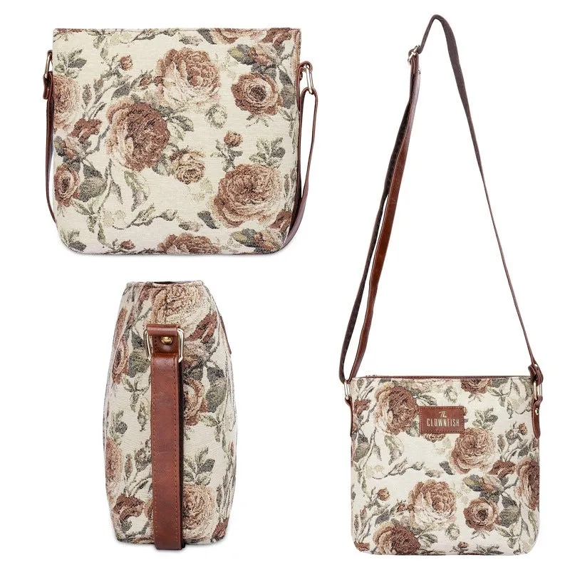 THE CLOWNFISH Combo of Linda Series Sling for Women Crossbody Bag for College Girls Lorna Tapestry Fabric & Faux Leather Handbag Sling Bag for Women (Beige)