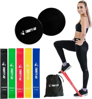 Thirty48 Gliding Discs Core Sliders and 5 Exercise Resistance Bands | Strength, Stability, and Training for Home, Gym, Travel | User Guide & Carry Bag