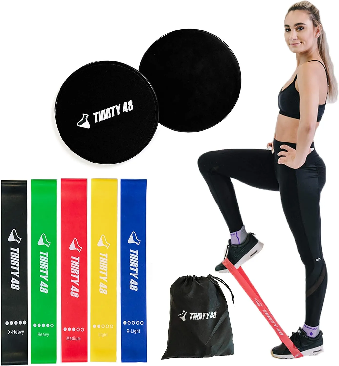 Thirty48 Gliding Discs Core Sliders and 5 Exercise Resistance Bands | Strength, Stability, and Training for Home, Gym, Travel | User Guide & Carry Bag