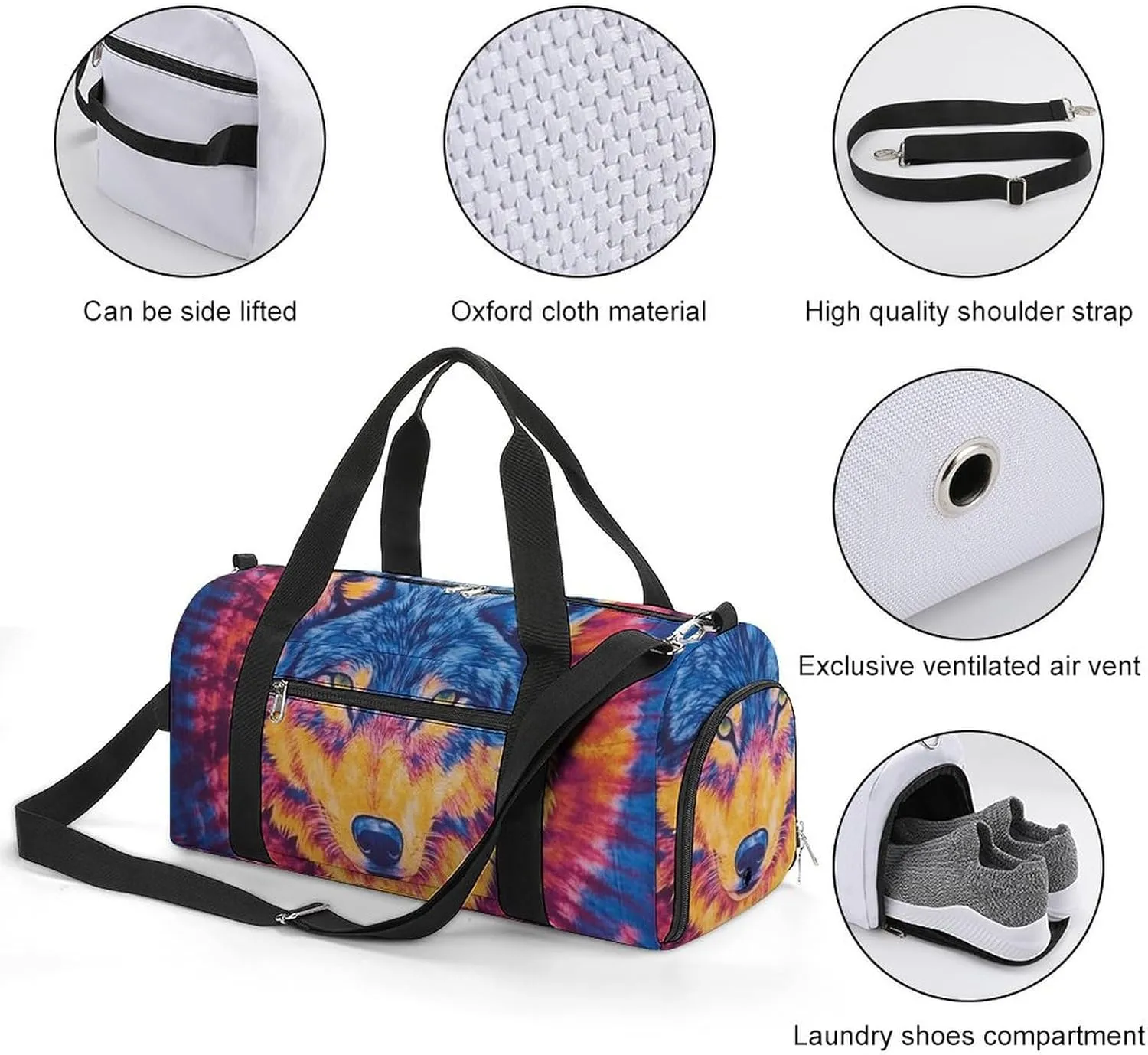 Tie Dye Pattern of Wolf Fitness Large Gym Bag for Unisex with Shoe Compartment & Wet Pocket