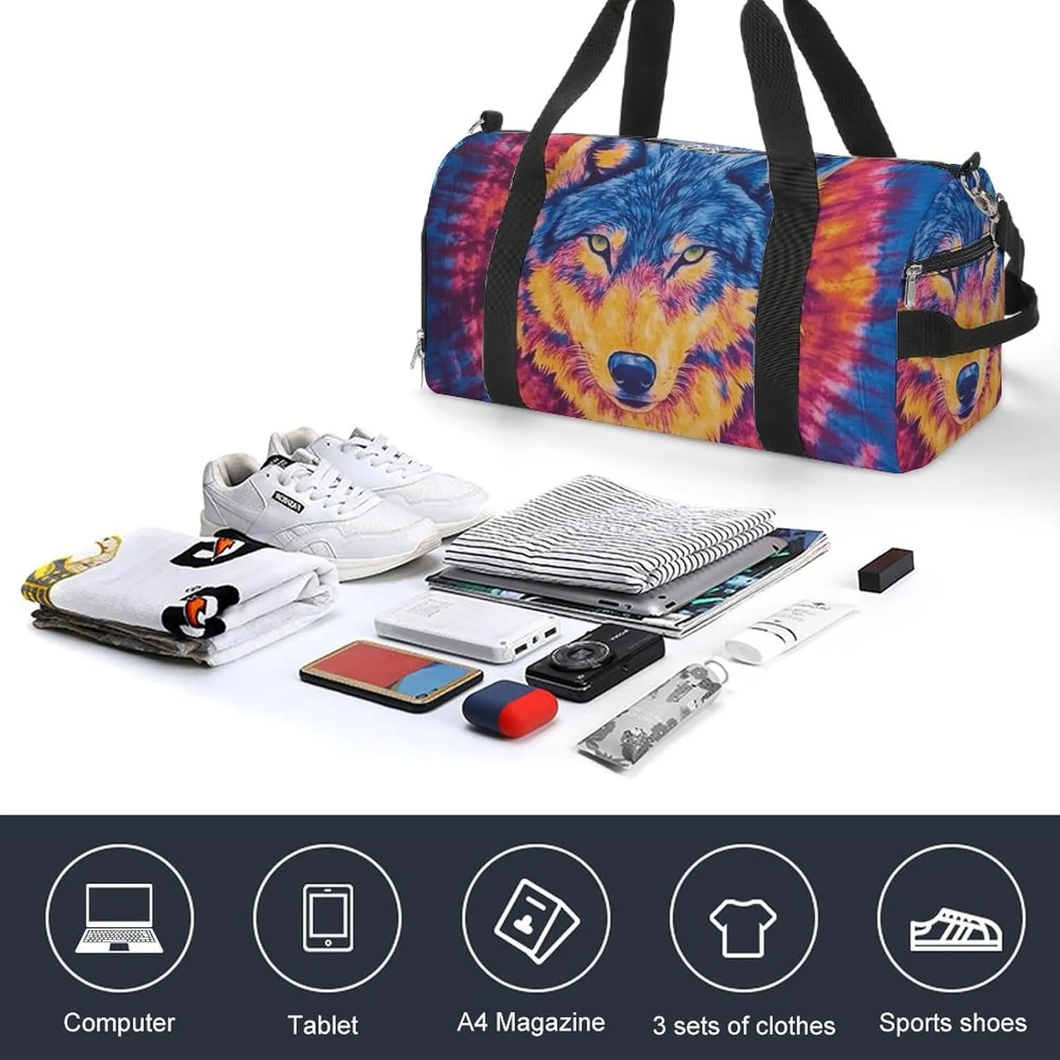 Tie Dye Pattern of Wolf Fitness Large Gym Bag for Unisex with Shoe Compartment & Wet Pocket