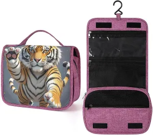 Tiger Head with Raised Paws Toiletry Bag Waterproof Makeup Bag with Hanging Hook Cosmetic Bags for Women Travel Essentials