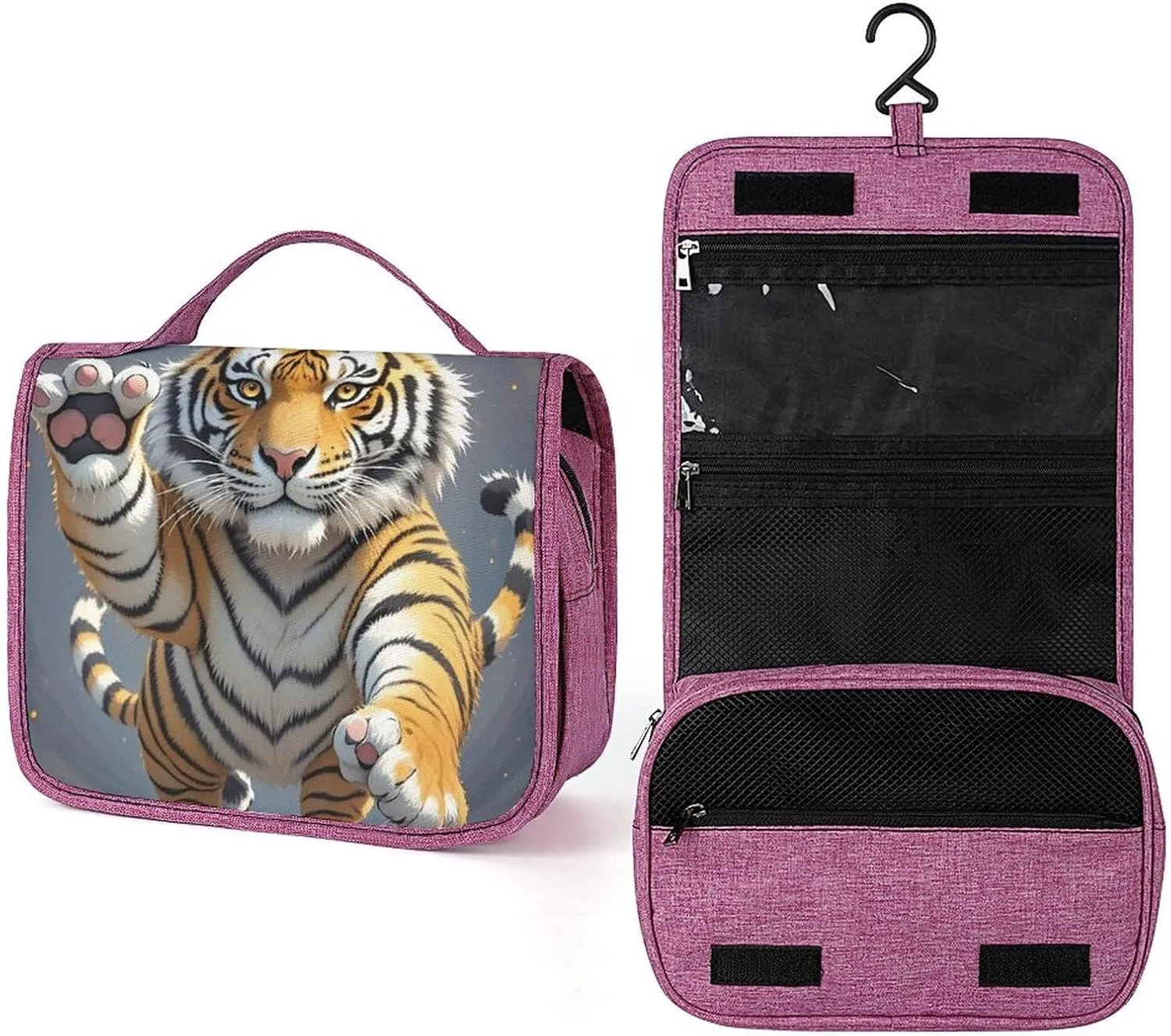 Tiger Head with Raised Paws Toiletry Bag Waterproof Makeup Bag with Hanging Hook Cosmetic Bags for Women Travel Essentials