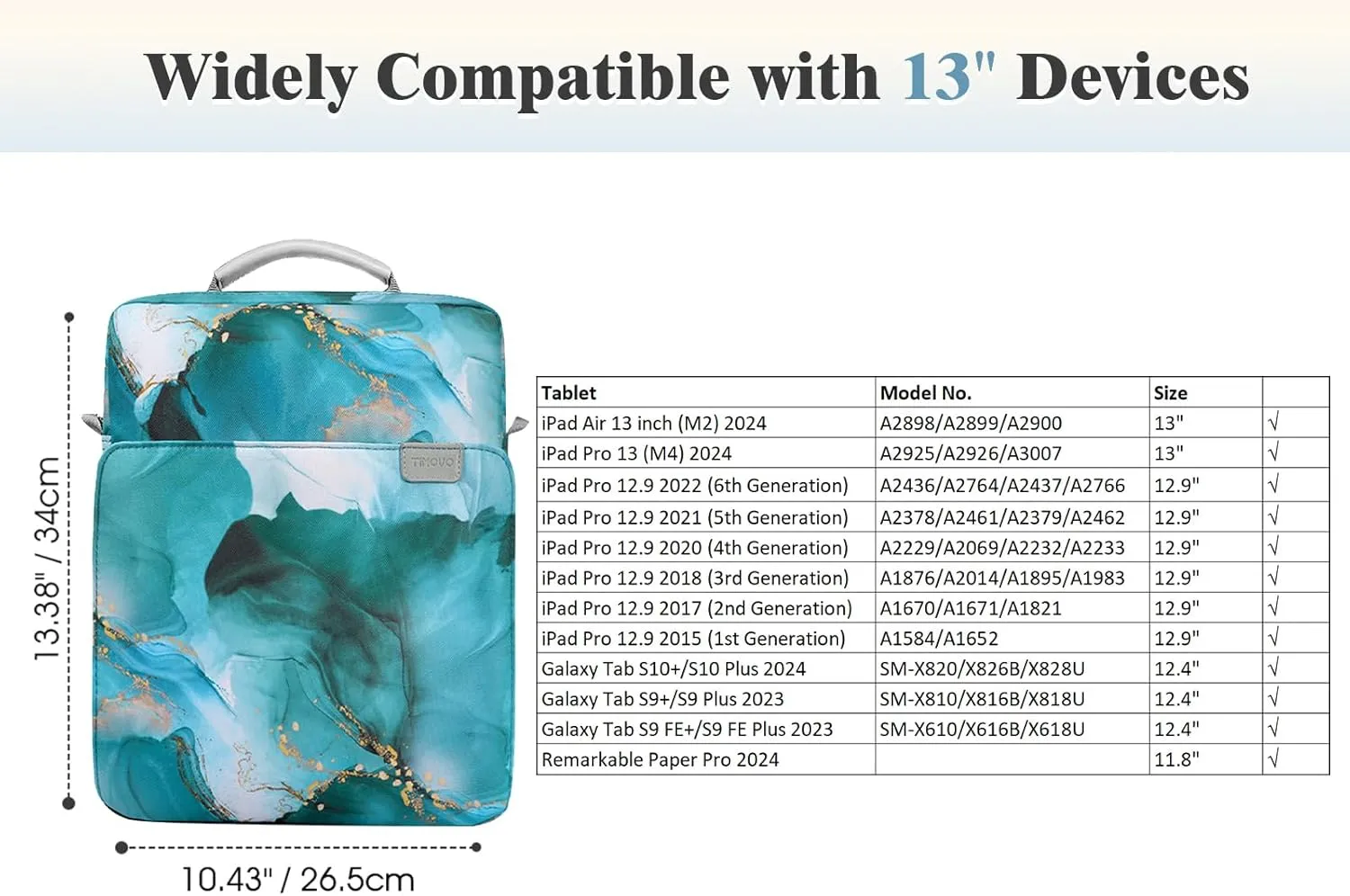 TiMOVO 13 Inch Tablet Sleeve Handbag with Shoulder Strap for iPad Air 13" M3 2025, iPad Pro 13", iPad Pro 12.9", Galaxy Tab S9 /S9 Plus/S10 /S10 Plus/S9 FE /S9 FE Plus 12.4", Cloud Peacock Blue