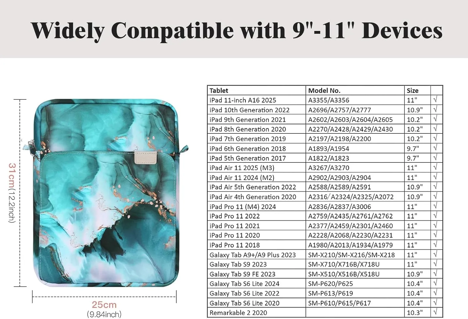 TiMOVO 9-11 Inch Tablet Sleeve Bag with Shoulder Strap for iPad 10th Gen. 10.9", iPad 9th/8th/7th Gen. 10.2", iPad Air 11/Air 5th/4th Gen. 10.9",Galaxy Tab A9 /A9 Plus 11", Cloud Peacock Blue