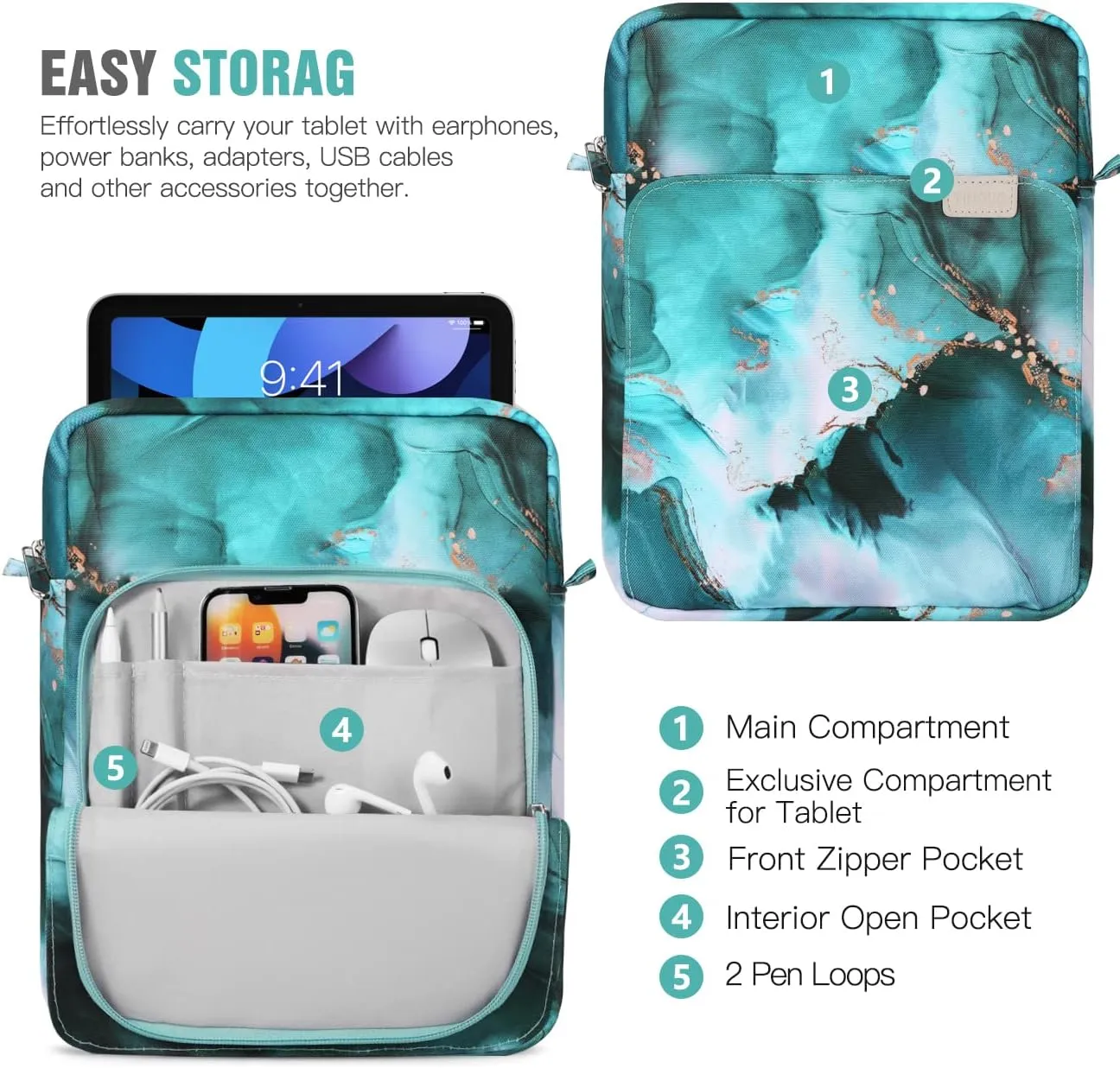 TiMOVO 9-11 Inch Tablet Sleeve Bag with Shoulder Strap for iPad 10th Gen. 10.9", iPad 9th/8th/7th Gen. 10.2", iPad Air 11/Air 5th/4th Gen. 10.9",Galaxy Tab A9 /A9 Plus 11", Cloud Peacock Blue