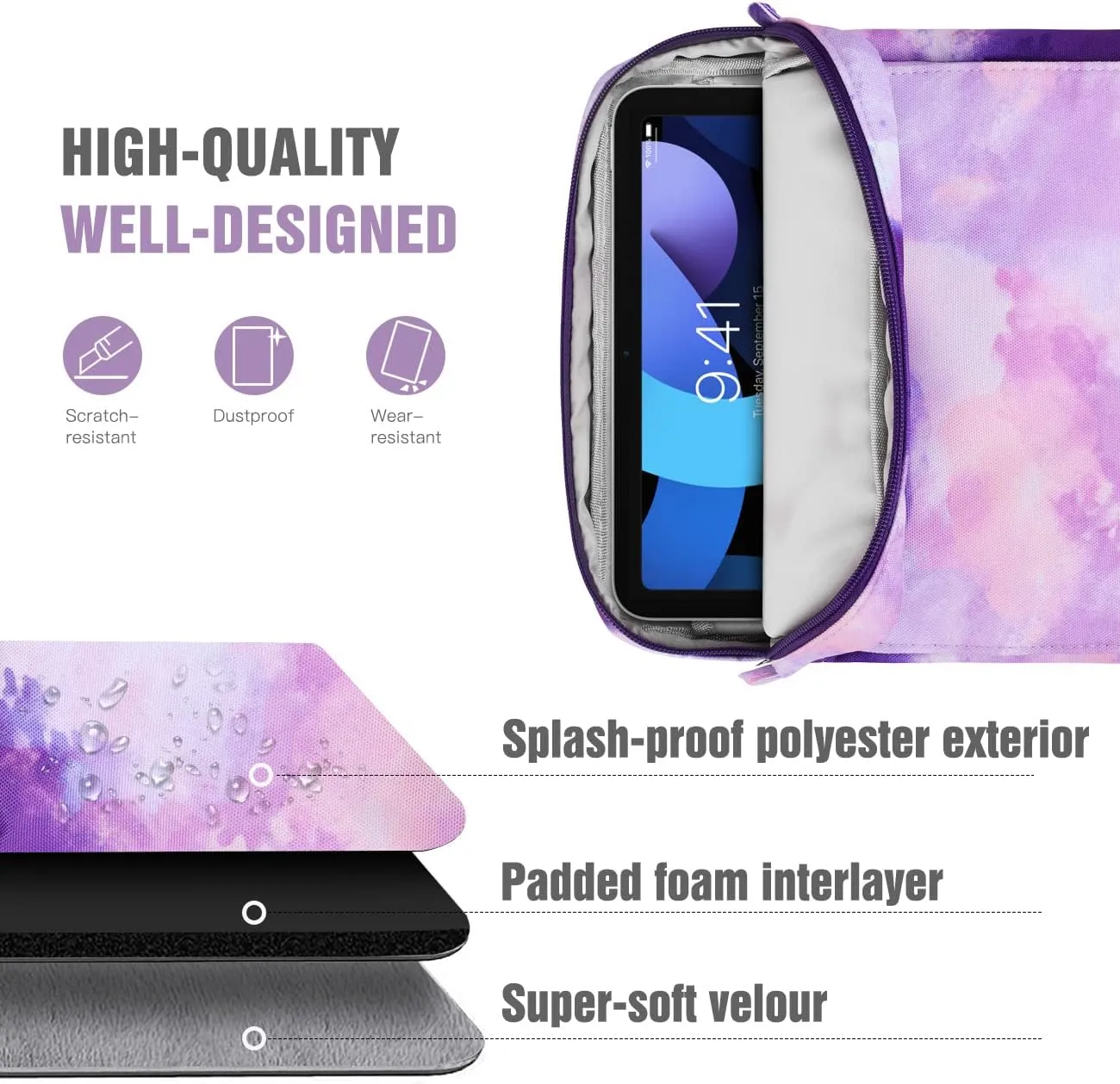 TiMOVO 9-11 Inch Tablet Sleeve Bag with Shoulder Strap for iPad 11-inch A16 2025, iPad 10th Gen. 10.9", iPad 10.2", iPad Air 11 Inch/5th/4th Gen. 10.9", Galaxy Tab A9 Plus 11", Watercolor Purple