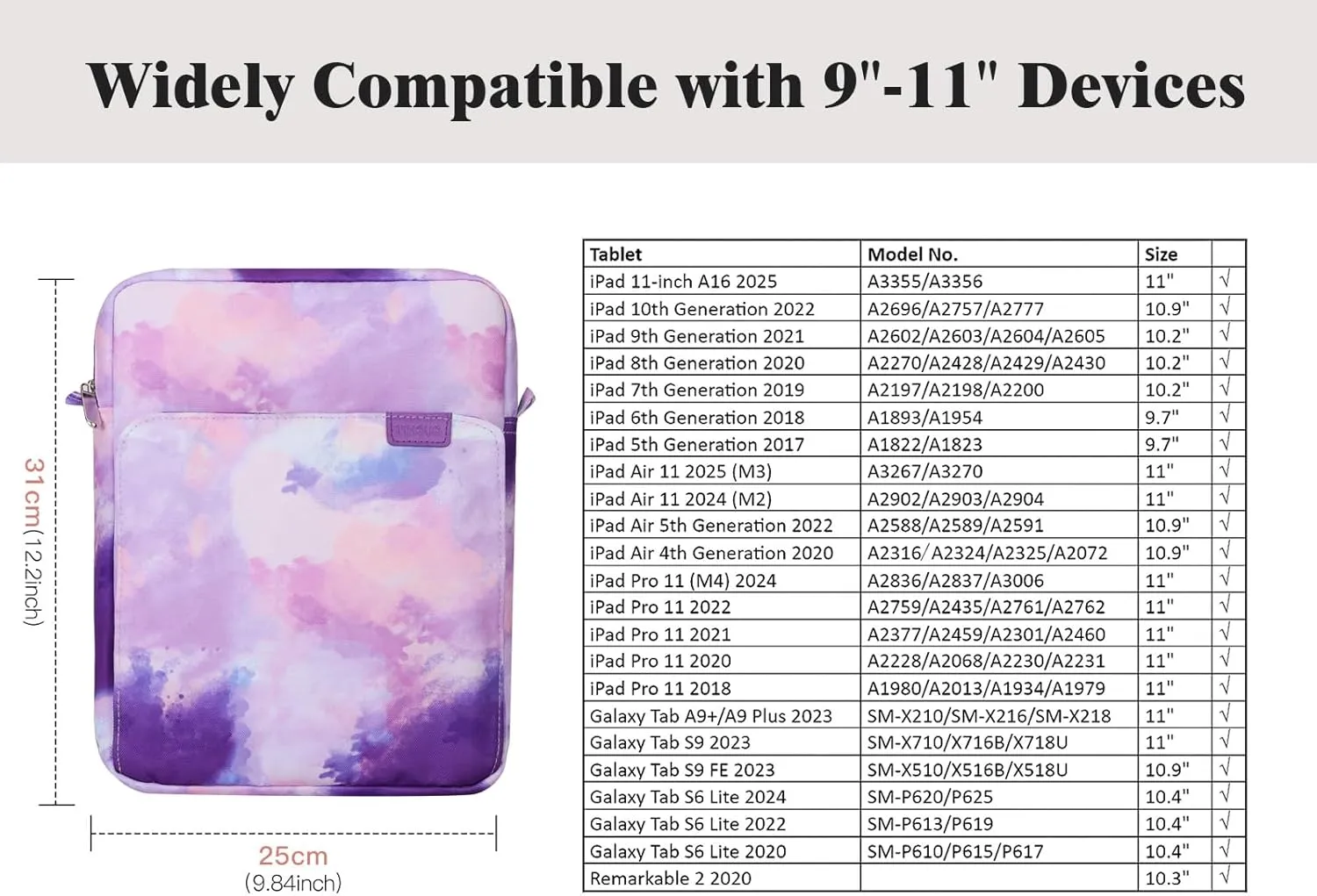 TiMOVO 9-11 Inch Tablet Sleeve Bag with Shoulder Strap for iPad 11-inch A16 2025, iPad 10th Gen. 10.9", iPad 10.2", iPad Air 11 Inch/5th/4th Gen. 10.9", Galaxy Tab A9 Plus 11", Watercolor Purple