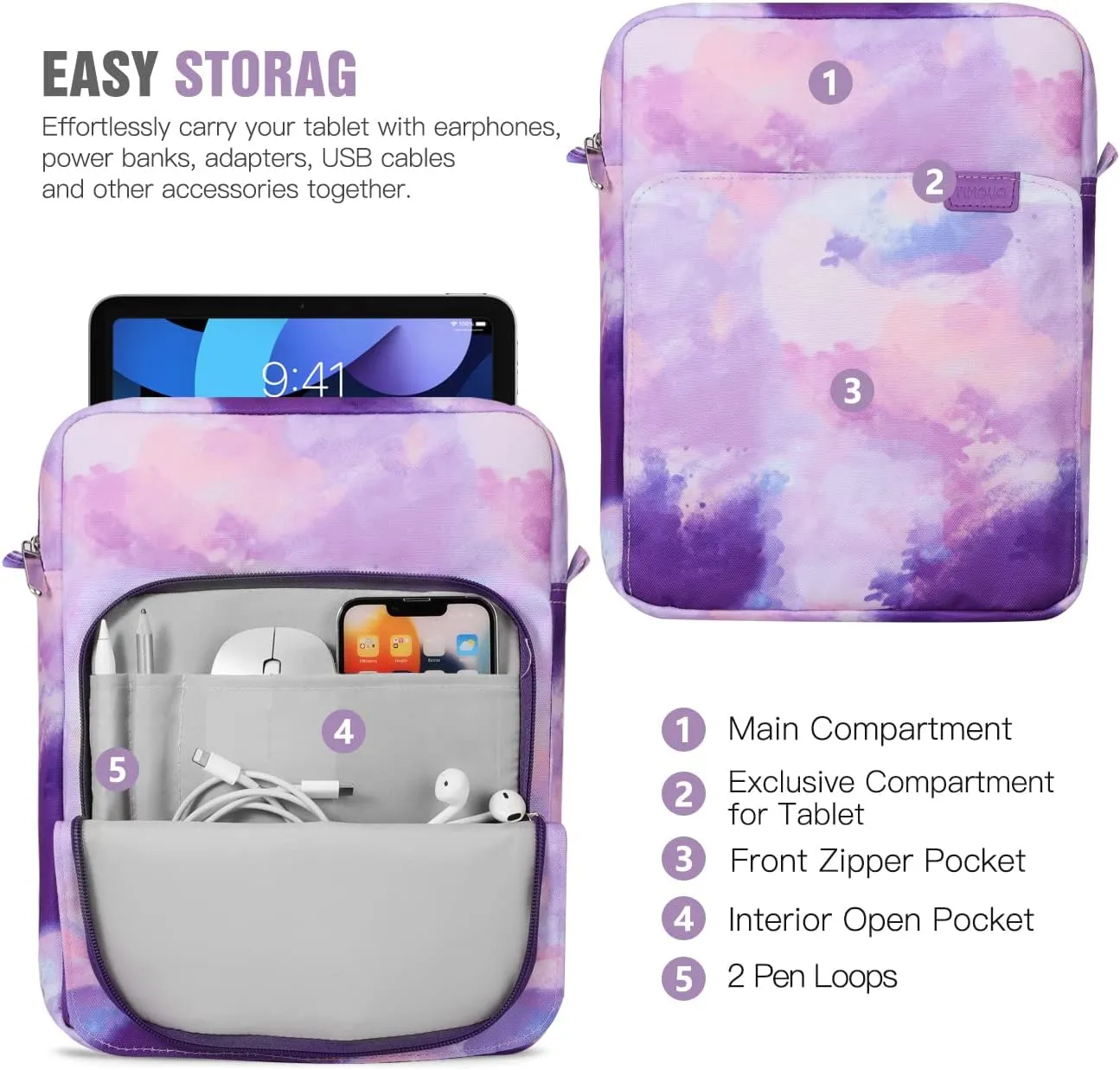 TiMOVO 9-11 Inch Tablet Sleeve Bag with Shoulder Strap for iPad 11-inch A16 2025, iPad 10th Gen. 10.9", iPad 10.2", iPad Air 11 Inch/5th/4th Gen. 10.9", Galaxy Tab A9 Plus 11", Watercolor Purple