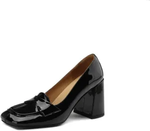 TinaCus Handmade Women's Patent Leather Square Toe Slip On Shoes High Block Heel Office Pumps Shoes