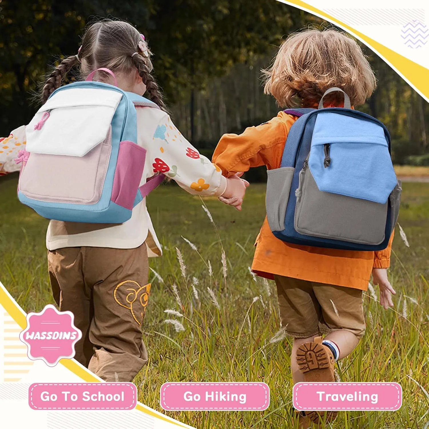 Toddler Backpack for Boys Girls, Kindergarten Kids Backpack, Preschool Bookbag with Name Tag Pocket, Small Child Backpacks Daypack for Travel, Hiking Blue Khaki