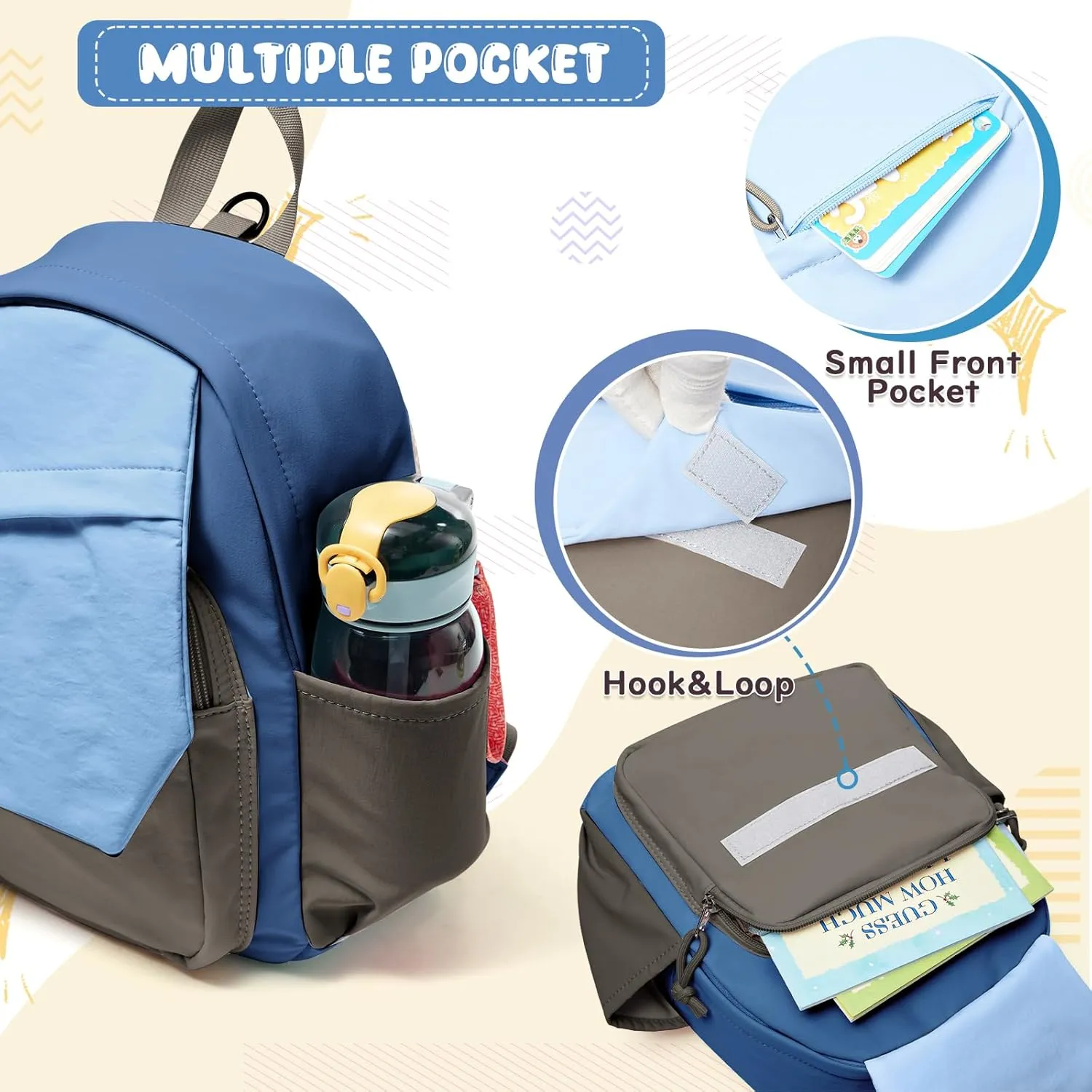Toddler Backpack for Boys Girls, Kindergarten Kids Backpack, Preschool Bookbag with Name Tag Pocket, Small Child Backpacks Daypack for Travel, Hiking Blue Khaki