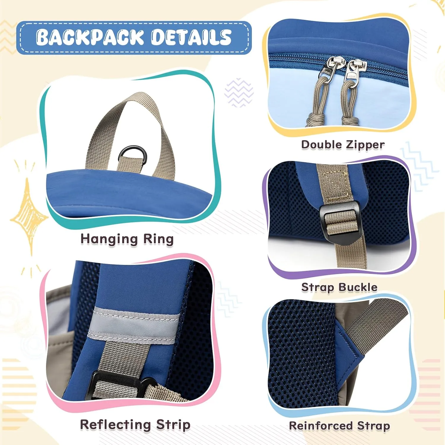 Toddler Backpack for Boys Girls, Kindergarten Kids Backpack, Preschool Bookbag with Name Tag Pocket, Small Child Backpacks Daypack for Travel, Hiking Blue Khaki