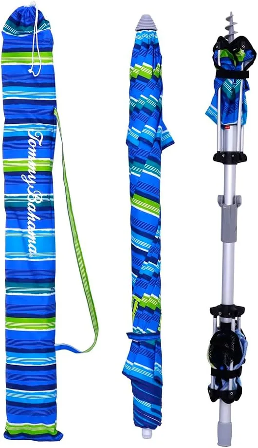 Tommy Bahama 7 ft Fiberglass Beach Umbrella for Sand with Integrated Anchor