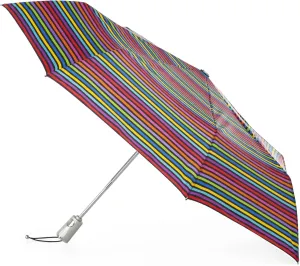 totes Automatic Open Close Water-Resistant Travel Folding Umbrella with Sun Protection, Skinny Stripe