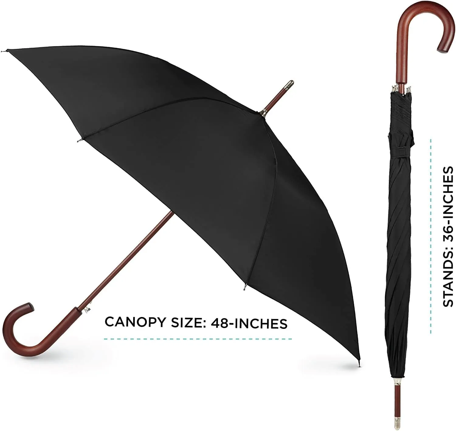 Totes Eco Auto Open Umbrella Classic Wooden J Stick Handle with Easy Grip - Windproof, Rainproof and Durable Canopy Design – Versatile Travel, Perfect for Rainy Days