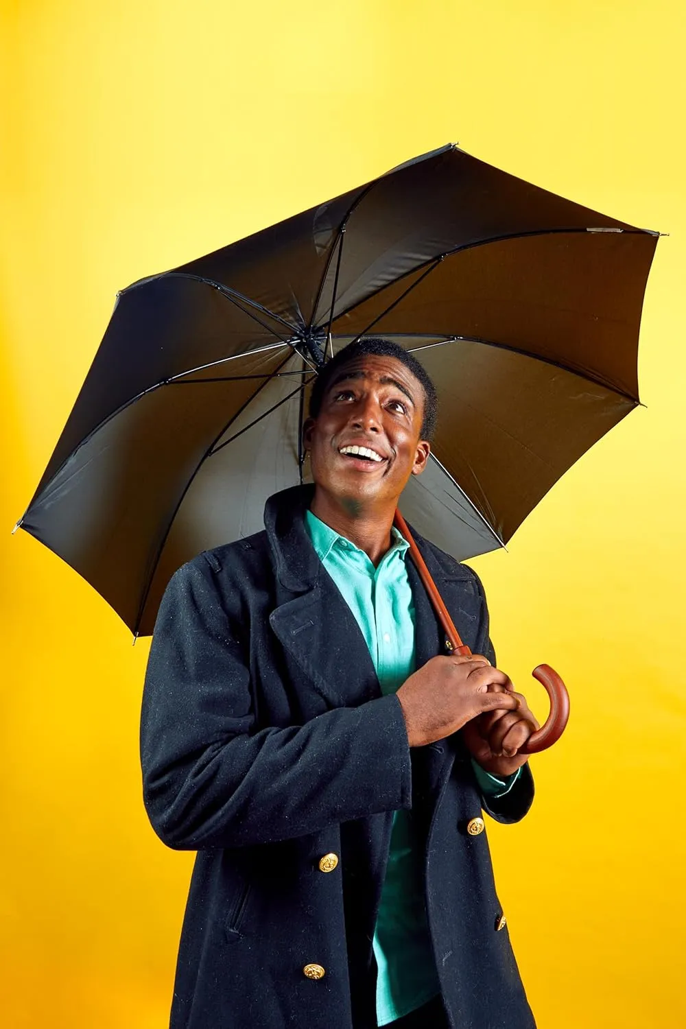 Totes Eco Auto Open Umbrella Classic Wooden J Stick Handle with Easy Grip - Windproof, Rainproof and Durable Canopy Design – Versatile Travel, Perfect for Rainy Days