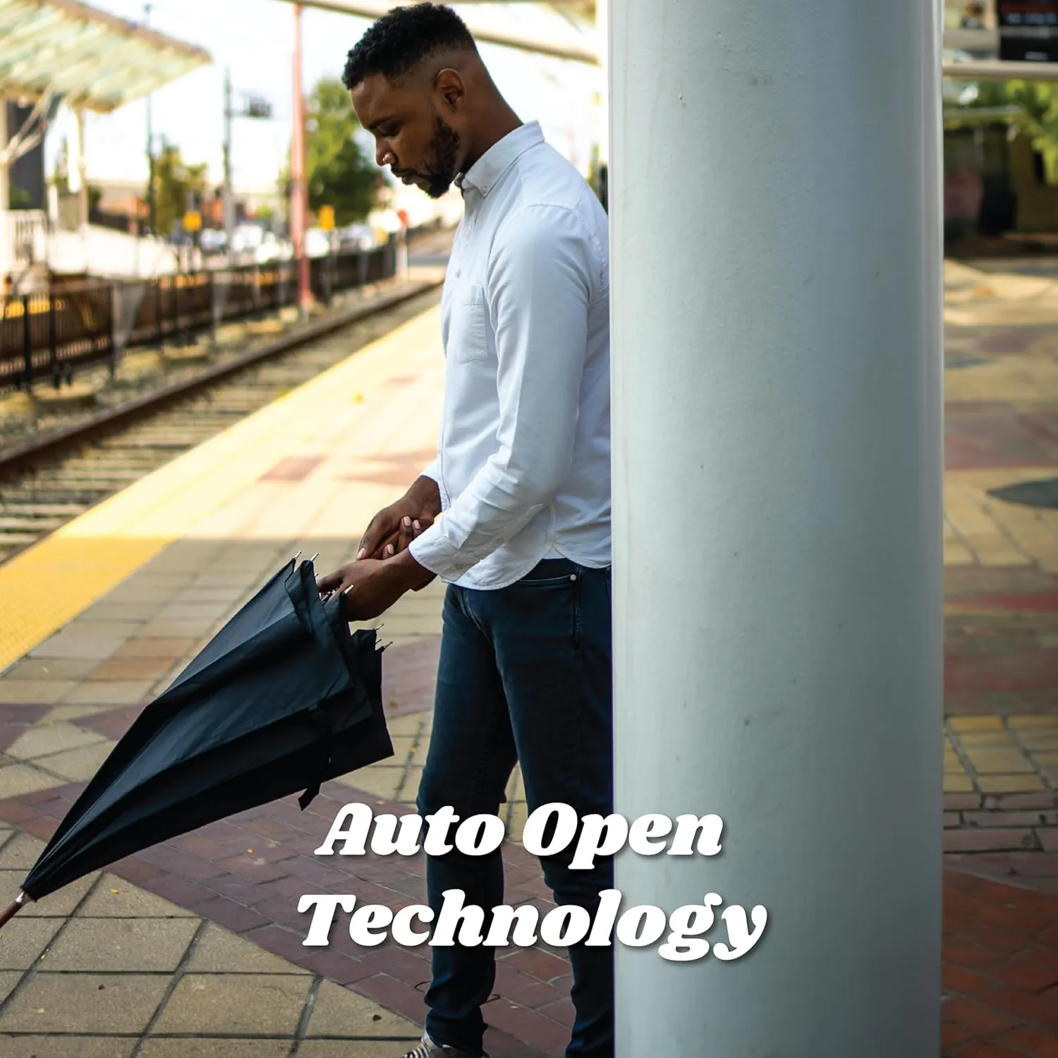 Totes Eco Auto Open Umbrella Classic Wooden J Stick Handle with Easy Grip - Windproof, Rainproof and Durable Canopy Design – Versatile Travel, Perfect for Rainy Days