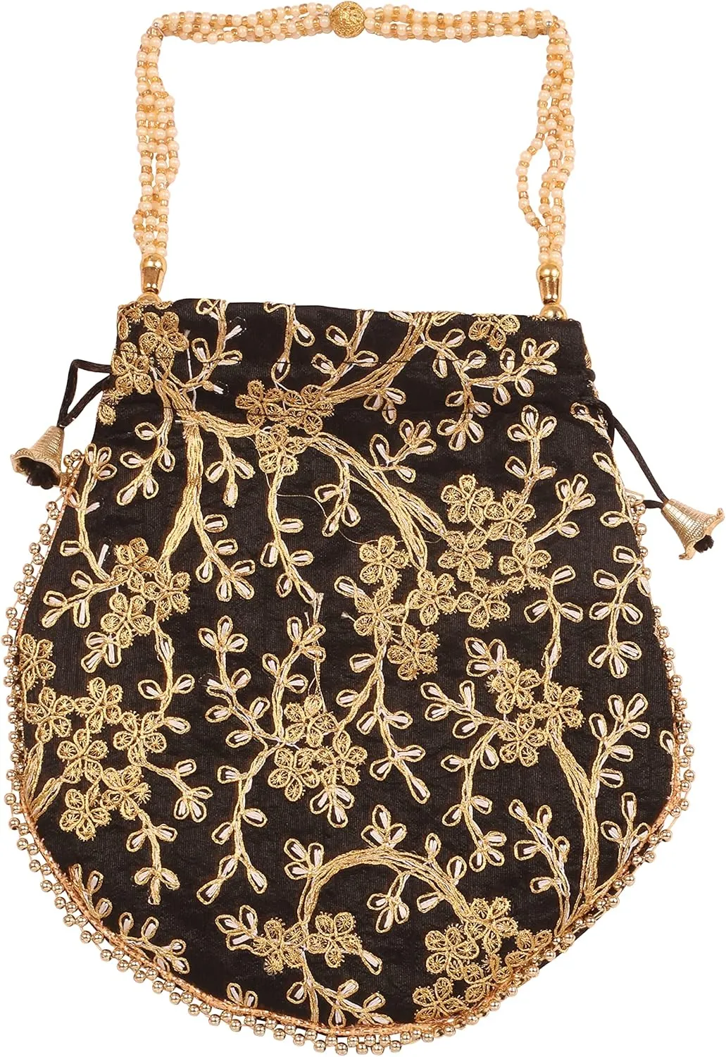 Touchstone Traditional Indian Hand Embroidered Shopping Gifts Jewelry Wedding Faux Pearls Strings Drawstring Bag for Women.