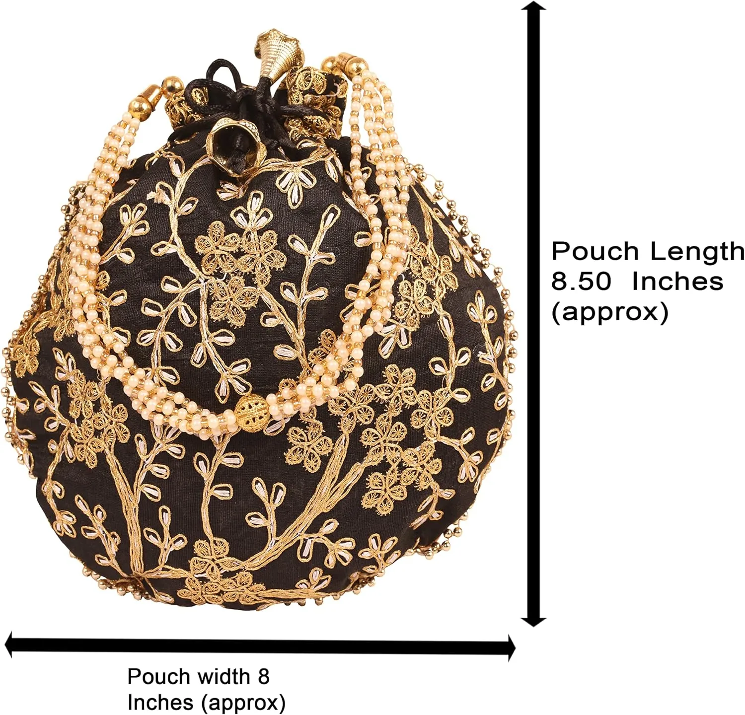 Touchstone Traditional Indian Hand Embroidered Shopping Gifts Jewelry Wedding Faux Pearls Strings Drawstring Bag for Women.