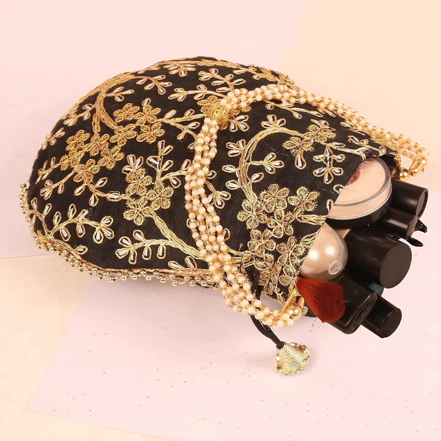 Touchstone Traditional Indian Hand Embroidered Shopping Gifts Jewelry Wedding Faux Pearls Strings Drawstring Bag for Women.