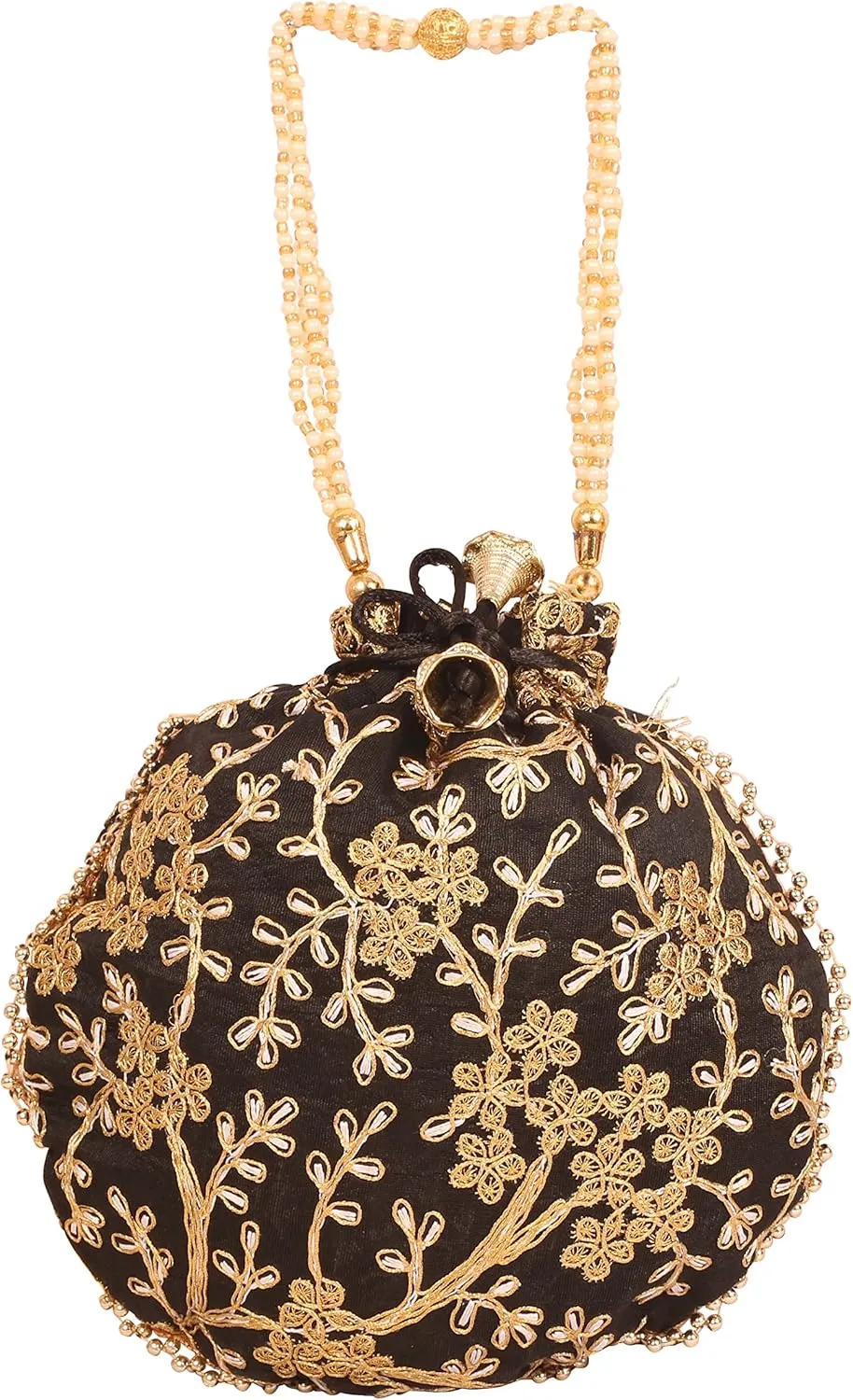 Touchstone Traditional Indian Hand Embroidered Shopping Gifts Jewelry Wedding Faux Pearls Strings Drawstring Bag for Women.
