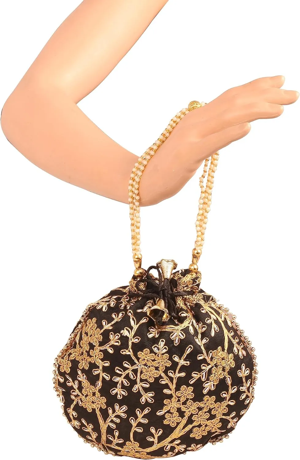 Touchstone Traditional Indian Hand Embroidered Shopping Gifts Jewelry Wedding Faux Pearls Strings Drawstring Bag for Women.