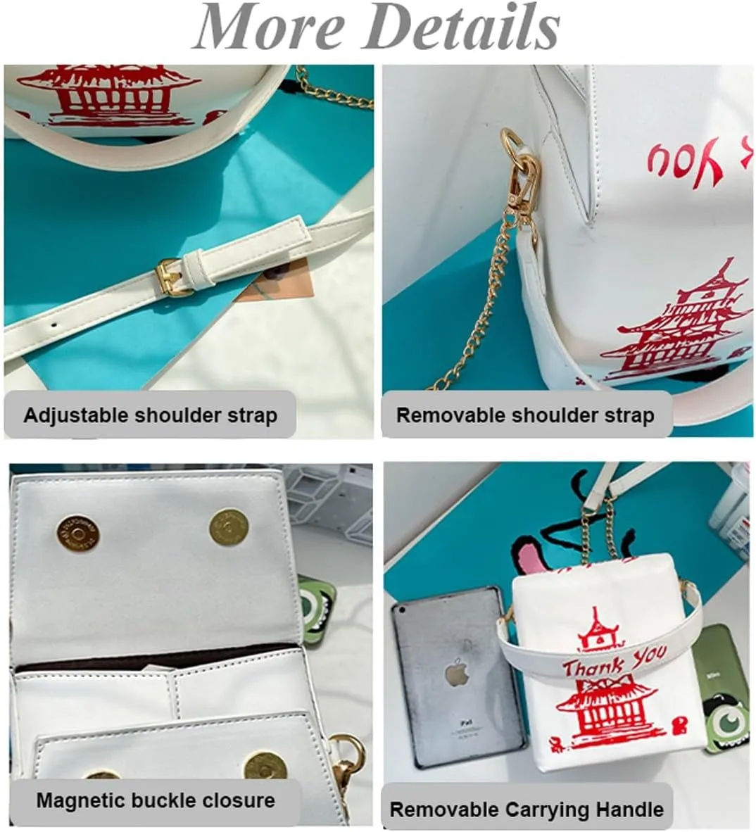 Tower Print Crossbody Shoulder Bag Women Novelty Chinese Takeout Purse Chinese Takeout Box Totes Purse Handbag