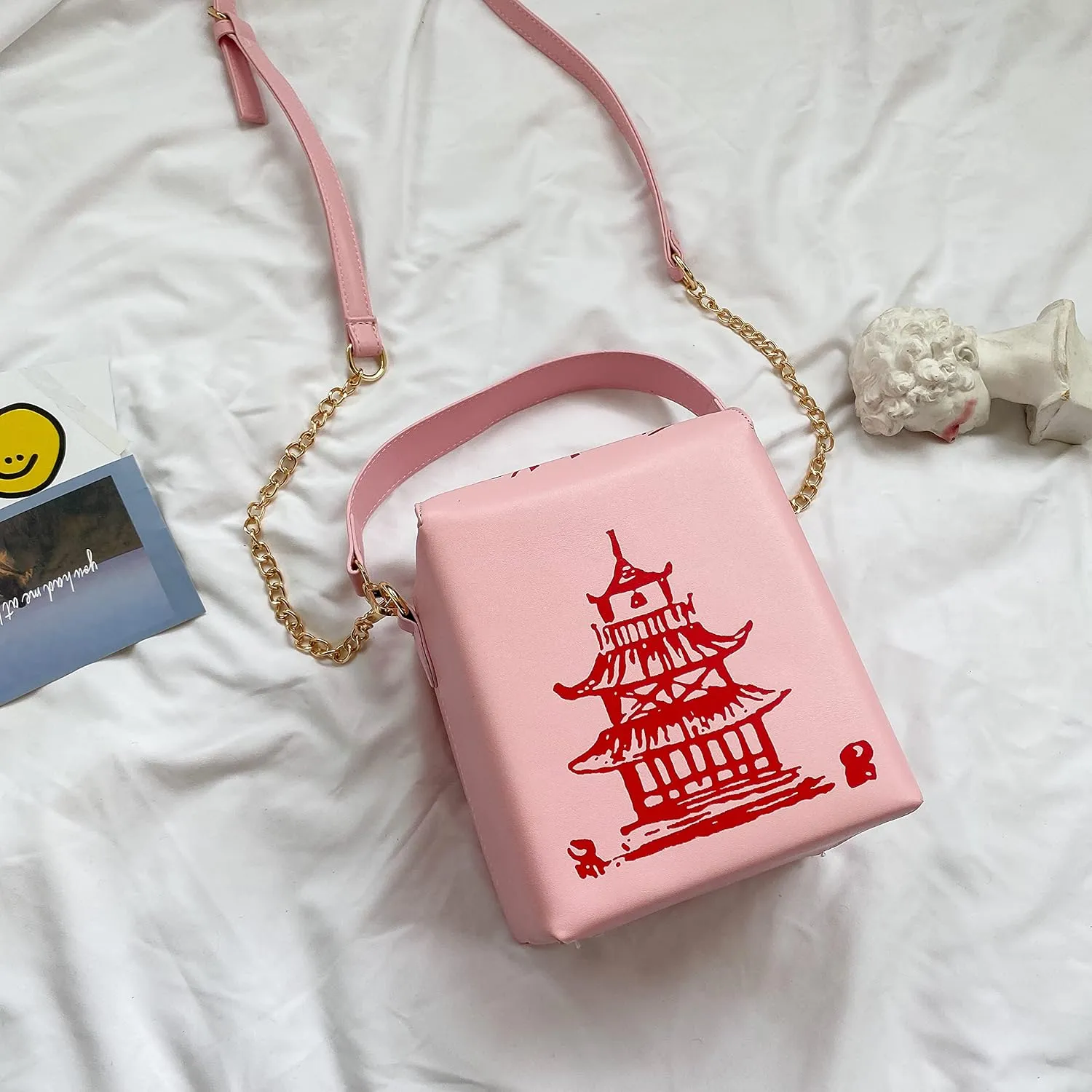 Tower Print Crossbody Shoulder Bag,Pu Chinese Takeout Box Totes Purse for Women
