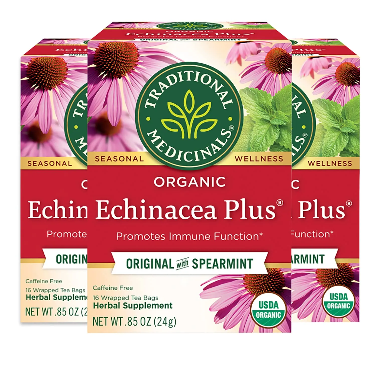 Traditional Medicinals Organic Echinacea Plus with Spearmint Herbal Tea, Promotes Immune Function, (Pack of 3) - 48 Tea Bags Total